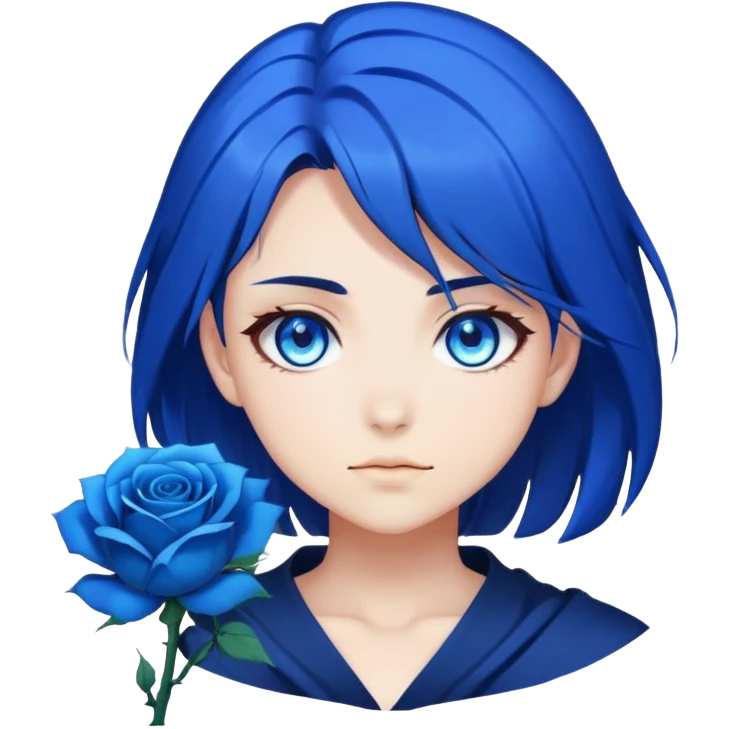 anime girl emoji with dark blue hair, blue rose, intense blue glowing eyes, Solo Leveling style, blue magical aura, high contrast, 2D emoji