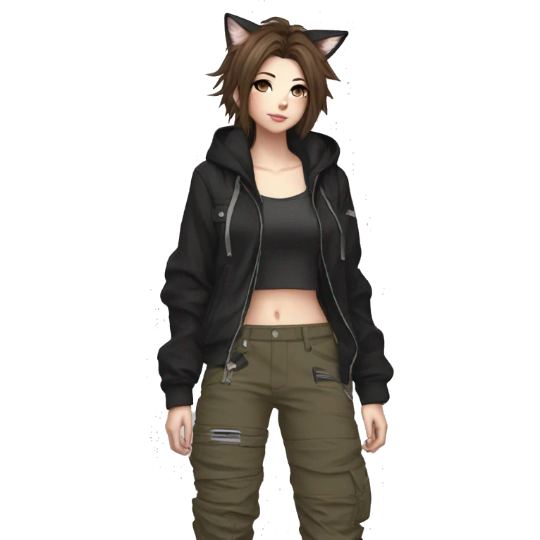 Edgy cool shy beautiful pretty anime punk tomboy with cat ears techwear cargo pants hoodie brown hair emoji