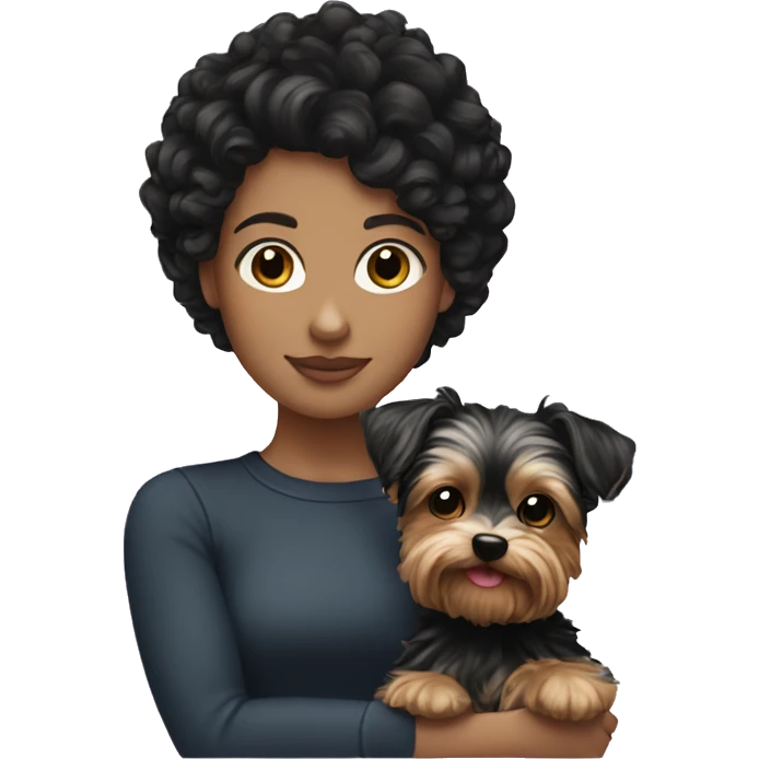 White girl with curly black hair holding Yorkie  emoji
