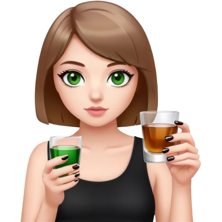 dark green eyes light brown hair white girl with short bob no bangs with a shot glass wearing black light pink nails emoji