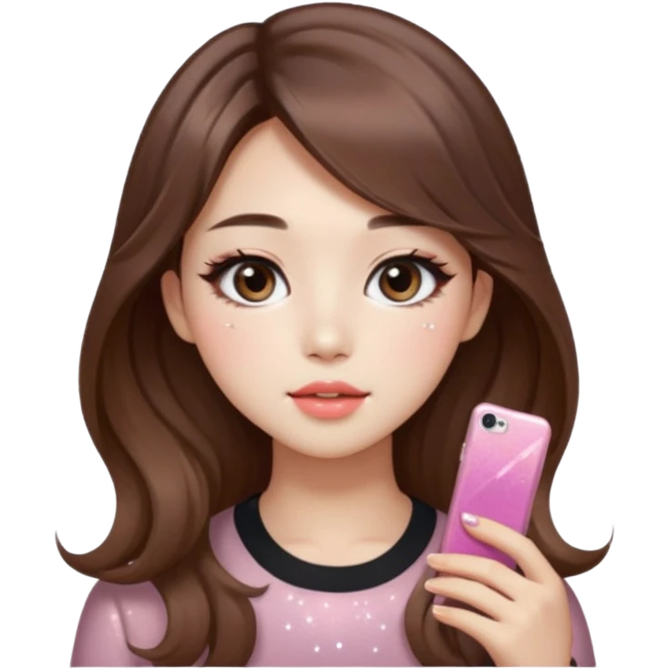 “korean straight brown hair Emoji girl, soft eyeliner and blush, gradient lips, light brown shimmer eyeshadow, sparkly aegyo-sal, long wavy hair,  emoji