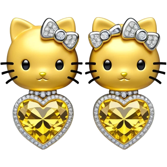 Still life 3D rendering luxurious detailed sparkly yellow diamond hello kitty earrings emoji