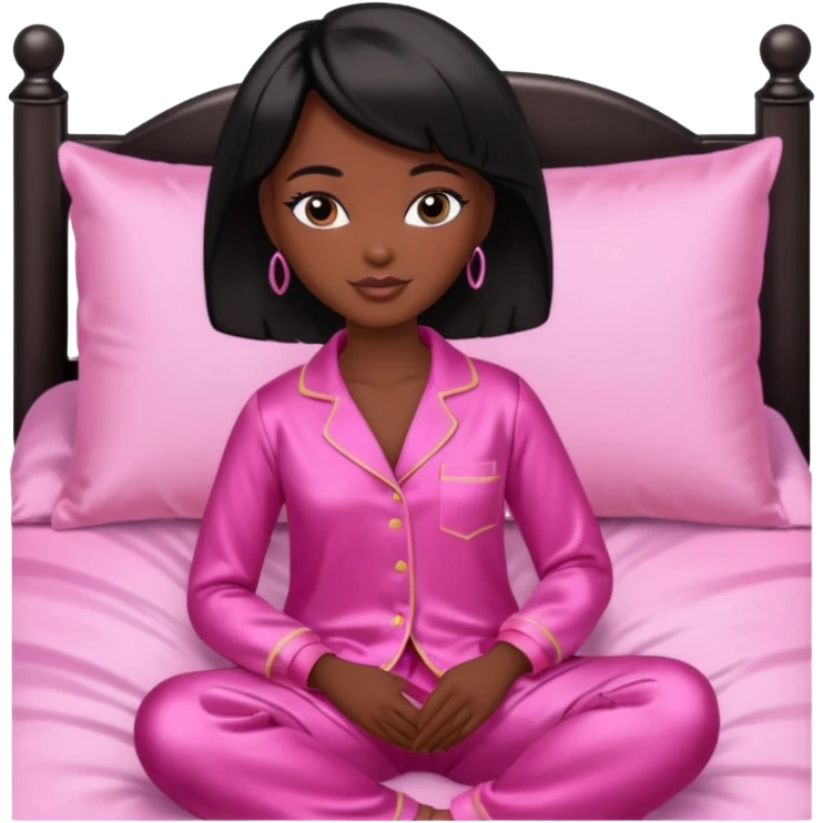 Dark skin Black barbie, short  black bob  hair, pink pajamas in bed  emoji