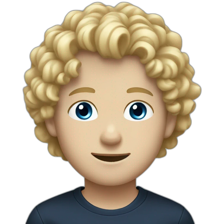 boy with curly hair and blue eyes and blond hair, dark blue shirt, black pants, white shoes emoji