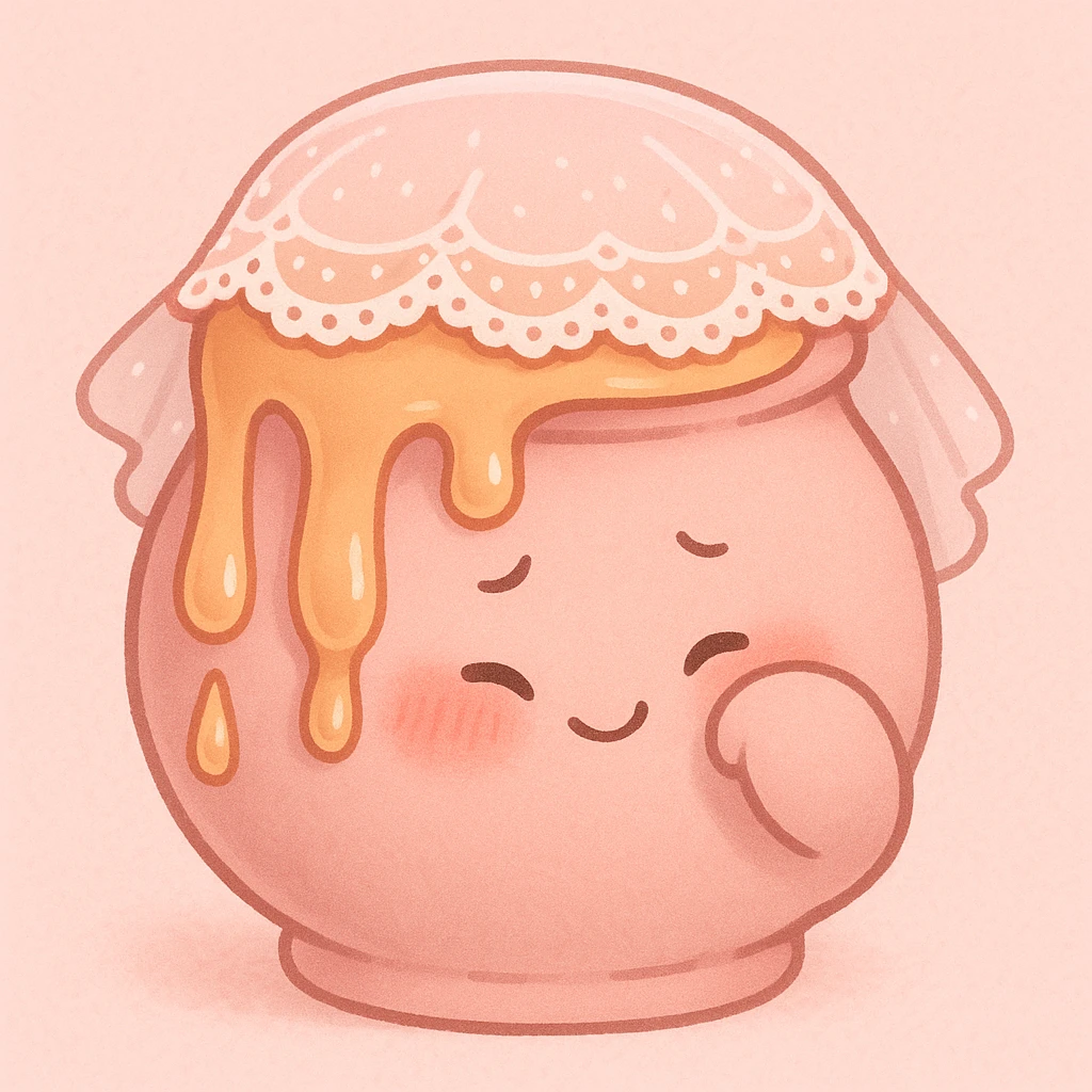 cute honeypot with lace veil, blushing cheeks, small smile, hiding bashfully behind its arm, honey drips down, blush pink color scheme emoji