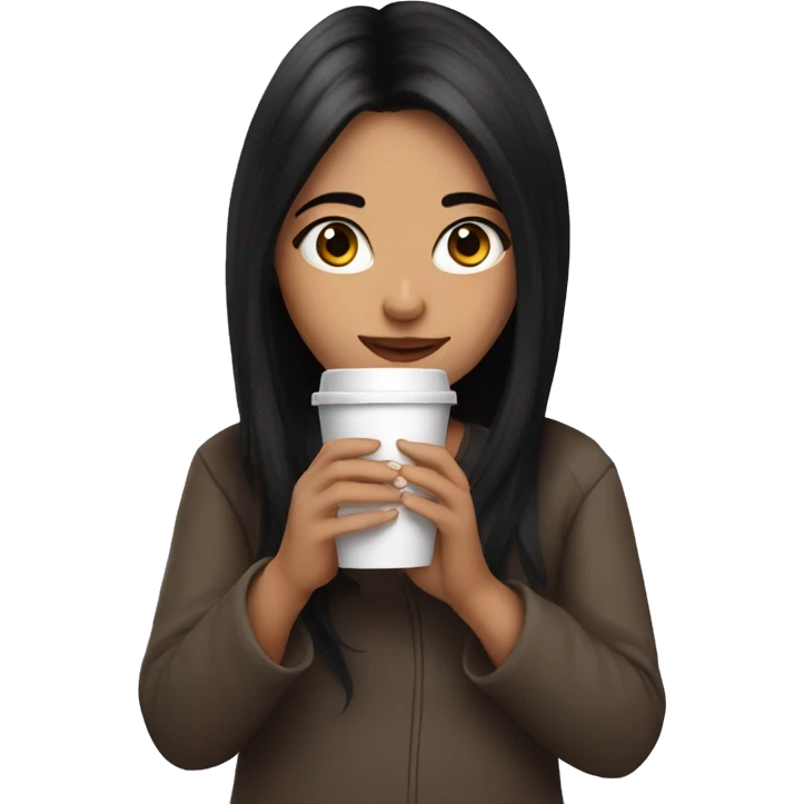 Girl with black hair drinking hot coffee emoji