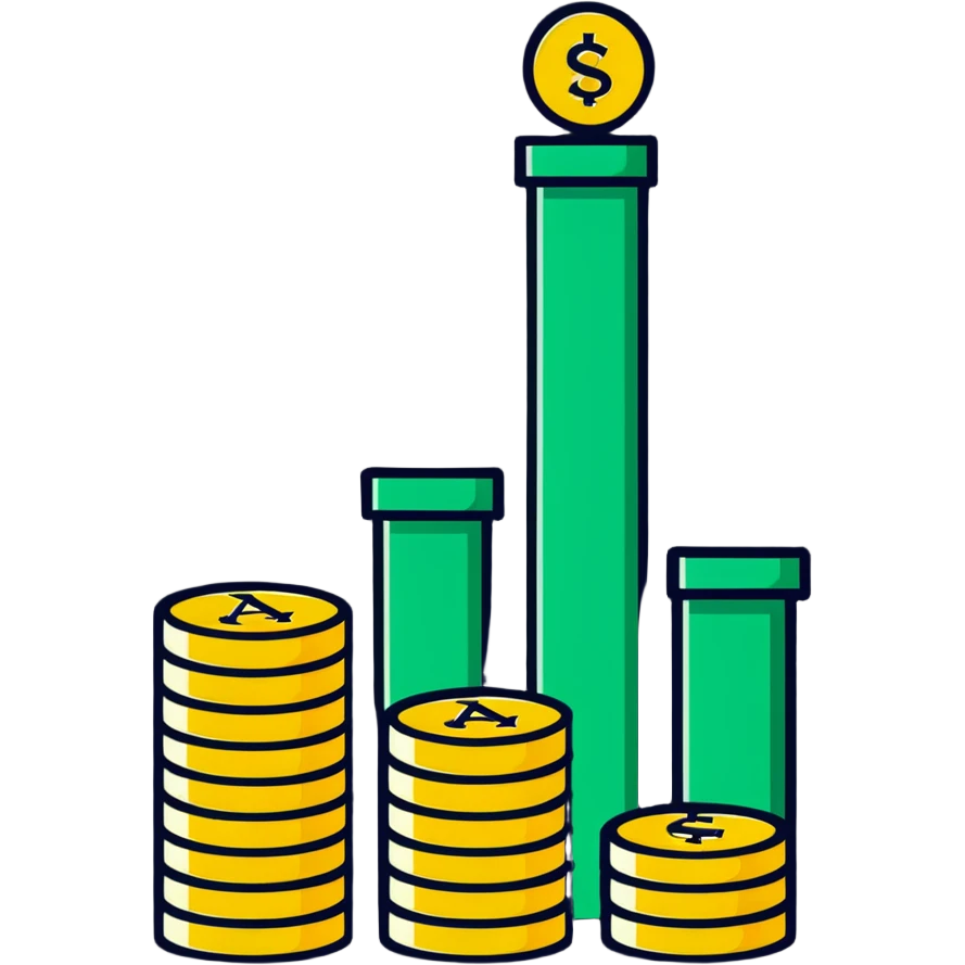 green upward arrow next to three stacks of gold coins in ascending height emoji