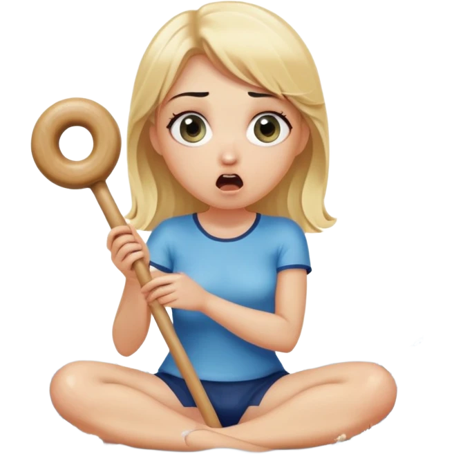 blond woman sitting on her knees with wide eyes, holding a wide skin-colored stick with a D-shaped knob, the stick and the nob have skin texture, water squirting from the knob into her mouth, shocked face emoji