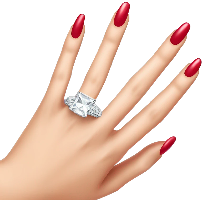 Detailed close up of a diamond ring on hand with 5 fingers and red nail polish emoji