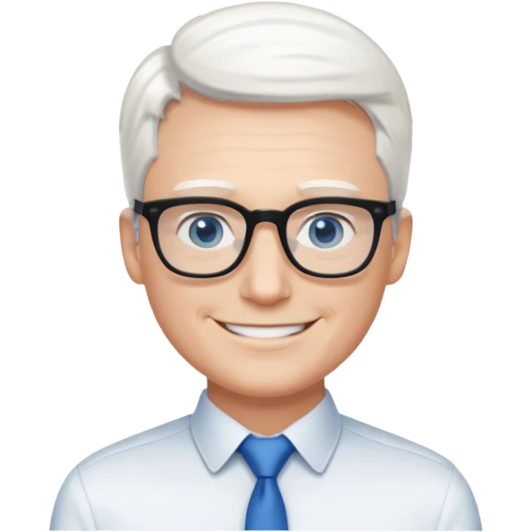 Thin white man, short white hair, black thin square glasses, white shirt, blue eyes, ceo emoji
