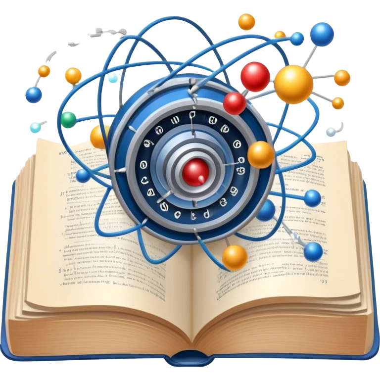 An icon featuring a physics textbook, a large Hadron Collider with particles flying off, symbolizing the study of physics. The design includes atomic models, energy waves, and scientific formulas, representing fundamental physical principles and research. Transparent background. emoji