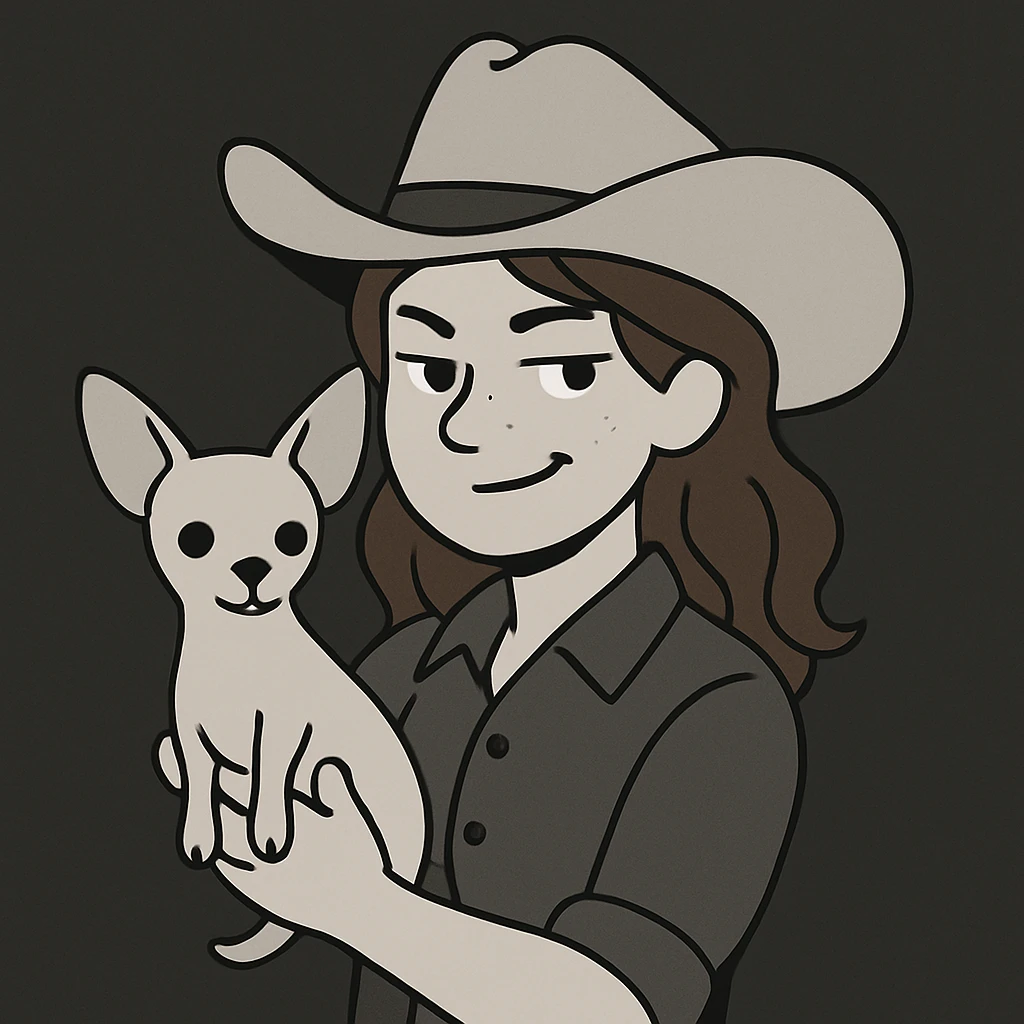 portrait of a tanned female cowboy with subtle freckles, brown hair with auburn highlights, rebellious and playful expression, holding a beige-brown chihuahua, minimalist style, clean illustration, simple shapes, muted colors, dark background emoji