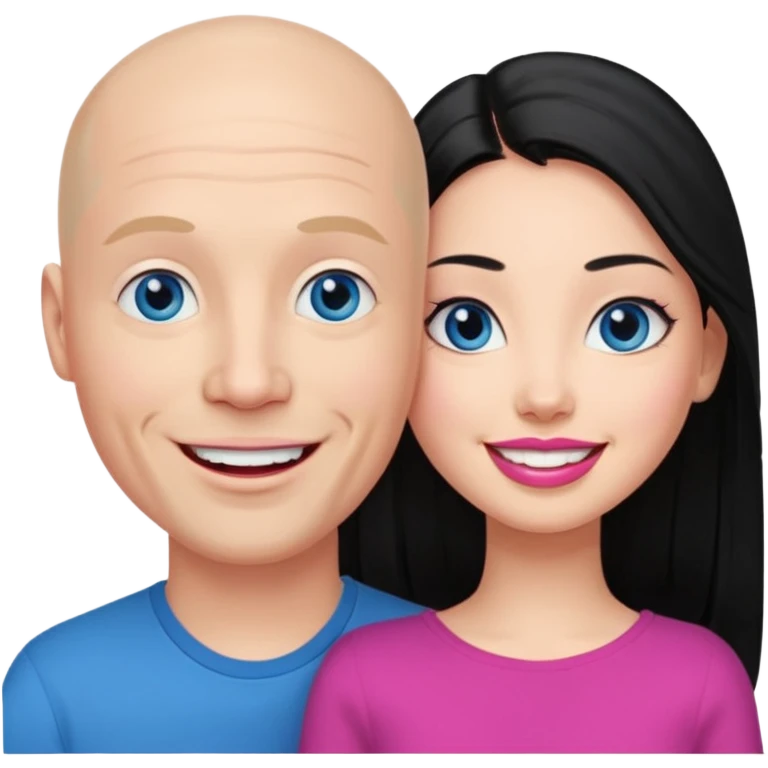 Bald white man blue eyes in love with Filipina woman with long hair and dark eyes and pink lips emoji