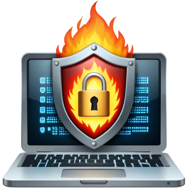 An icon featuring a digital shield with a lock, binary code, and a glowing firewall grid, symbolizing cybersecurity. The design includes a laptop, warning icons, and secure network nodes, representing protection against cyber threats. Transparent background highlights digital safety and defense. emoji