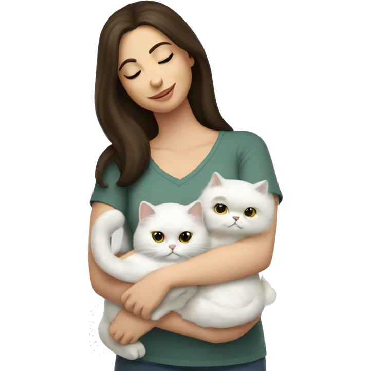 Brunette woman snuggling white Persian cat emoji