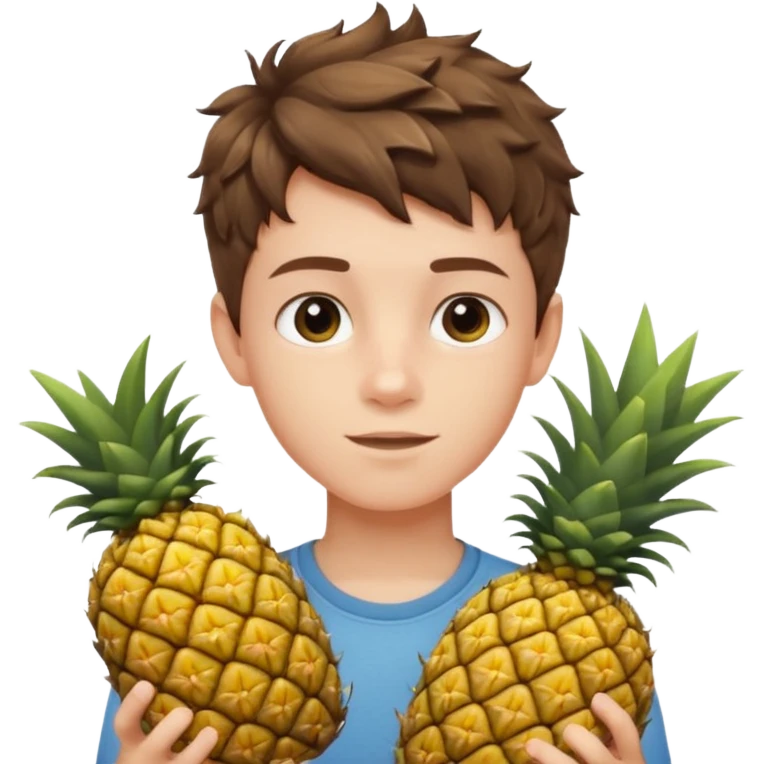 Pale young teenage boy with short wavy brown hair holding pineapple emoji