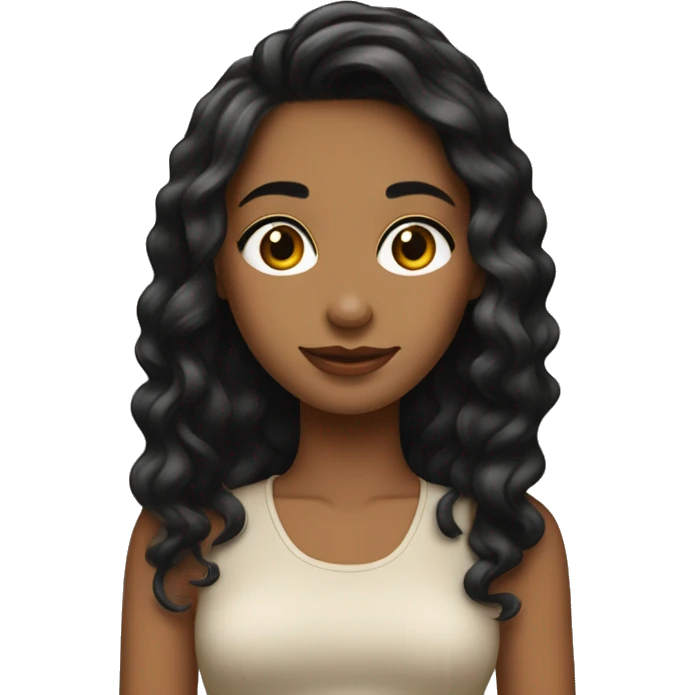 Una chica con cabello ondulado negro y largo hasta los hombros, con lindas pestañas y un top beig emoji