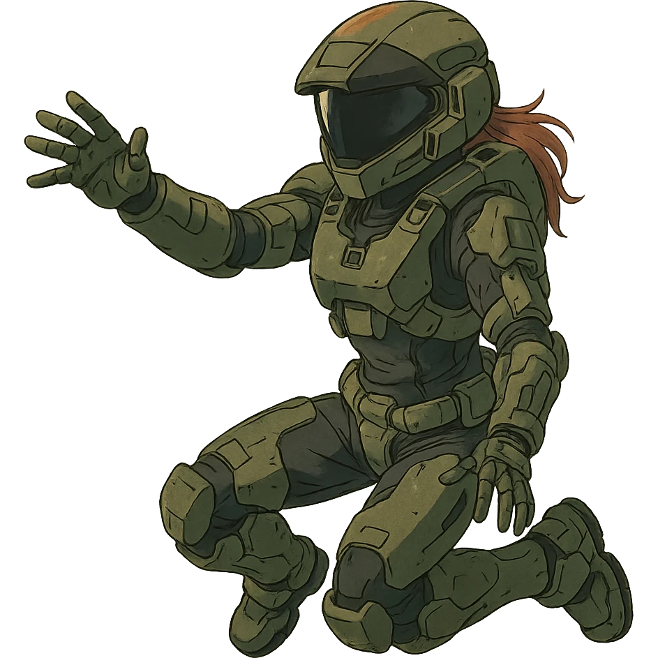 1 female, strengthened sIII spartan-3 helmet with a black visor, a tactical female space warrior floating in zero-g EVA operations, reaching in front of her emoji