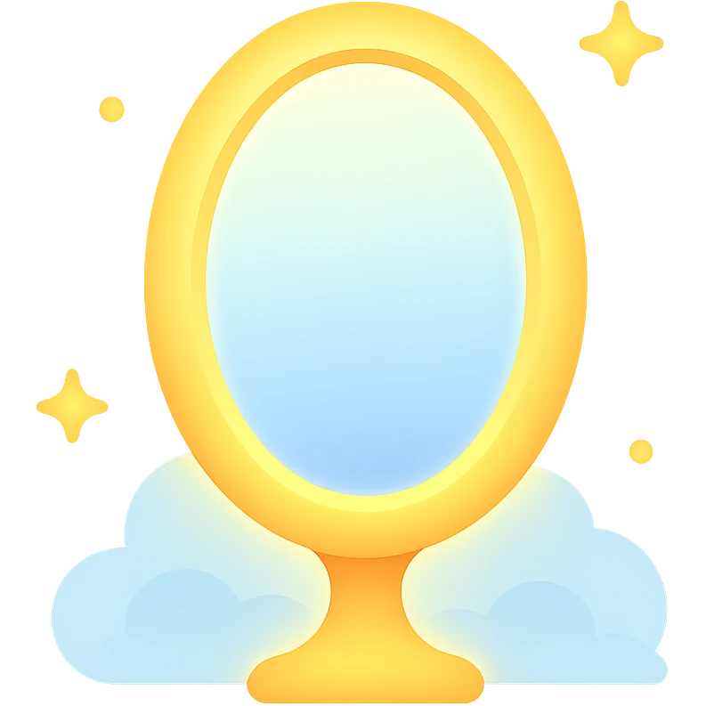 Magical mirror with a glowing frame, inside a light mist and magical sparks, color filled style with shadows and highlights, transparent background. emoji