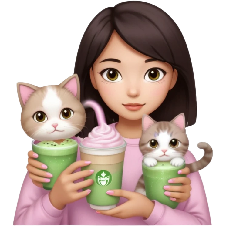 asian girl with short dark brown hair and dark brown eyes with a soft girl pink glowup aesthetic, matcha latte, 2 ragdoll cats, and sparkles emoji