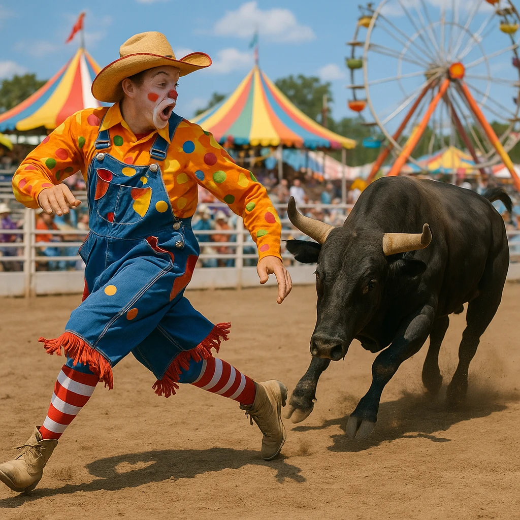 rodeo clown dodging a bull, colorful outfit, lively action, western fairground emoji