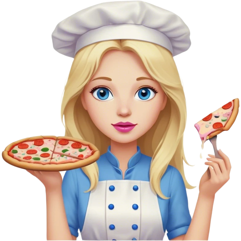 Cinematic realistic beautiful blonde with long hair, blue eyes and pink lips in a white dress cooks pizza emoji
