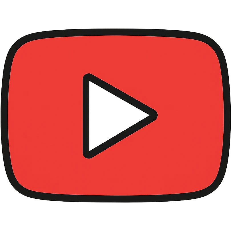 YouTube logo, red rounded rectangle with white play button in the center emoji
