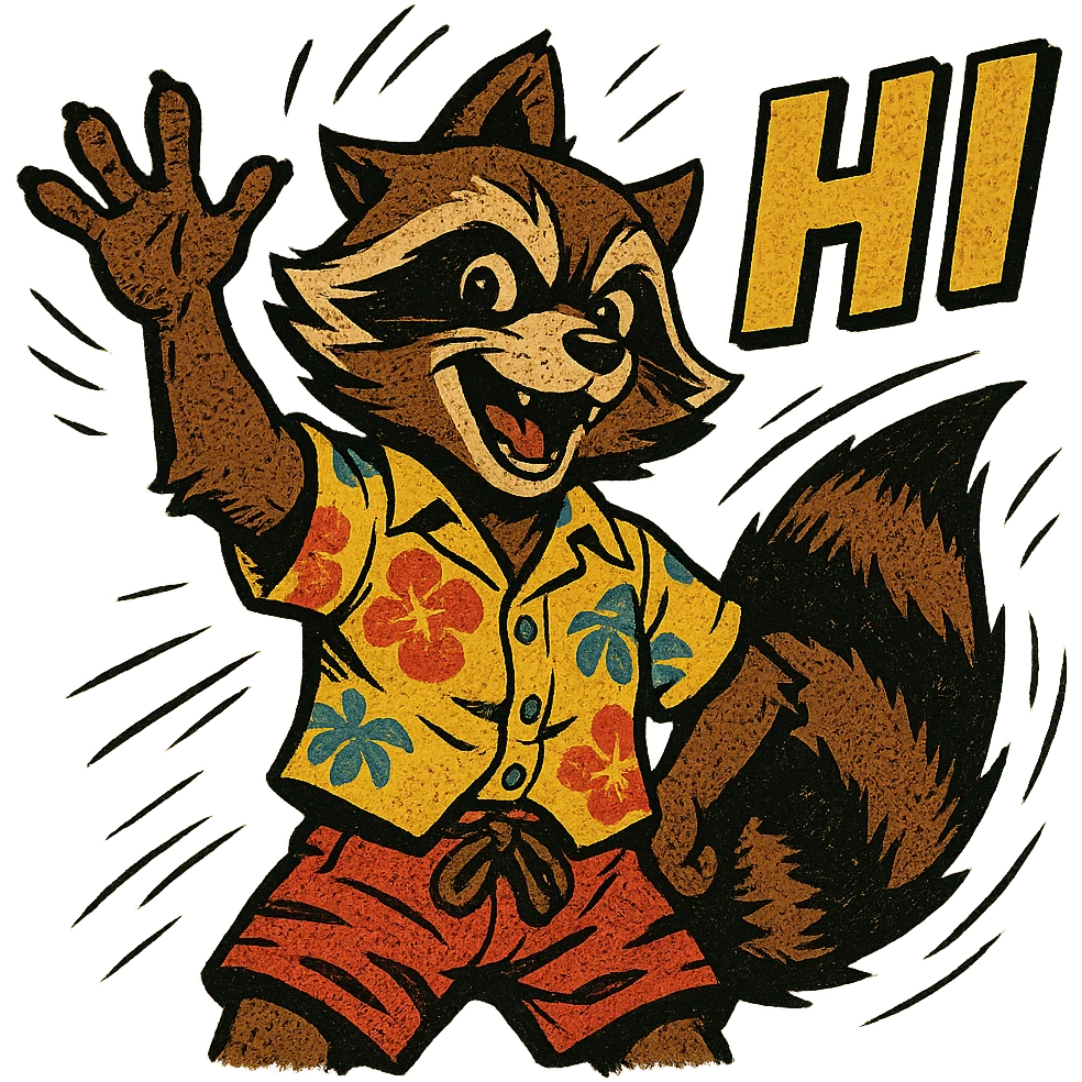 Rocket Raccoon Marvel Rivals summer skin, comic book style, waving, with text 'HI', transparent background emoji