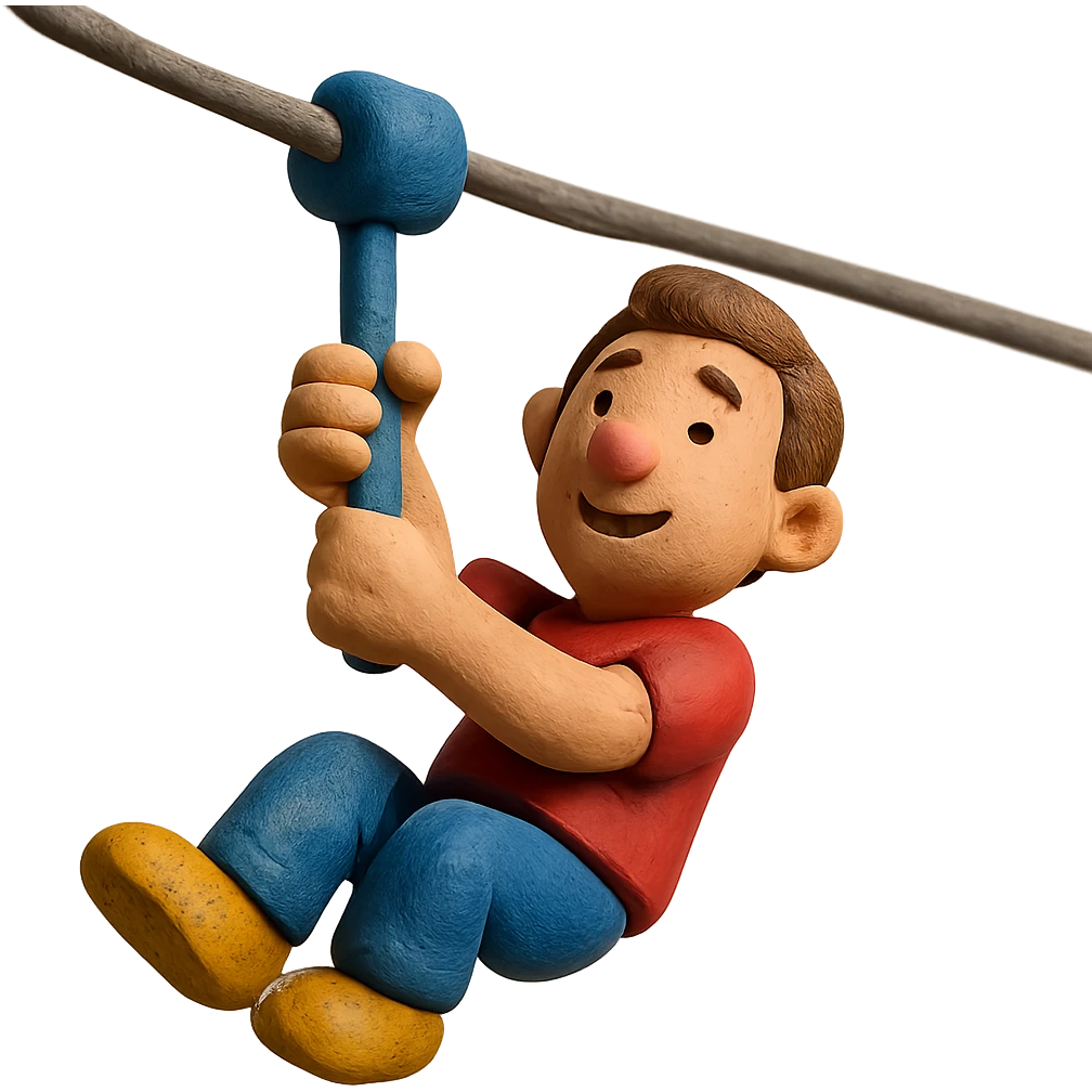 claymation style man riding on a zip line emoji