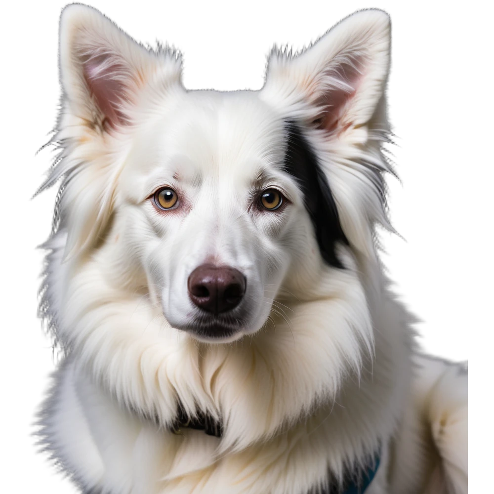 A pure white Border Collie dog sitting, with fluffy fur, alert pointed ears, and friendly expression emoji