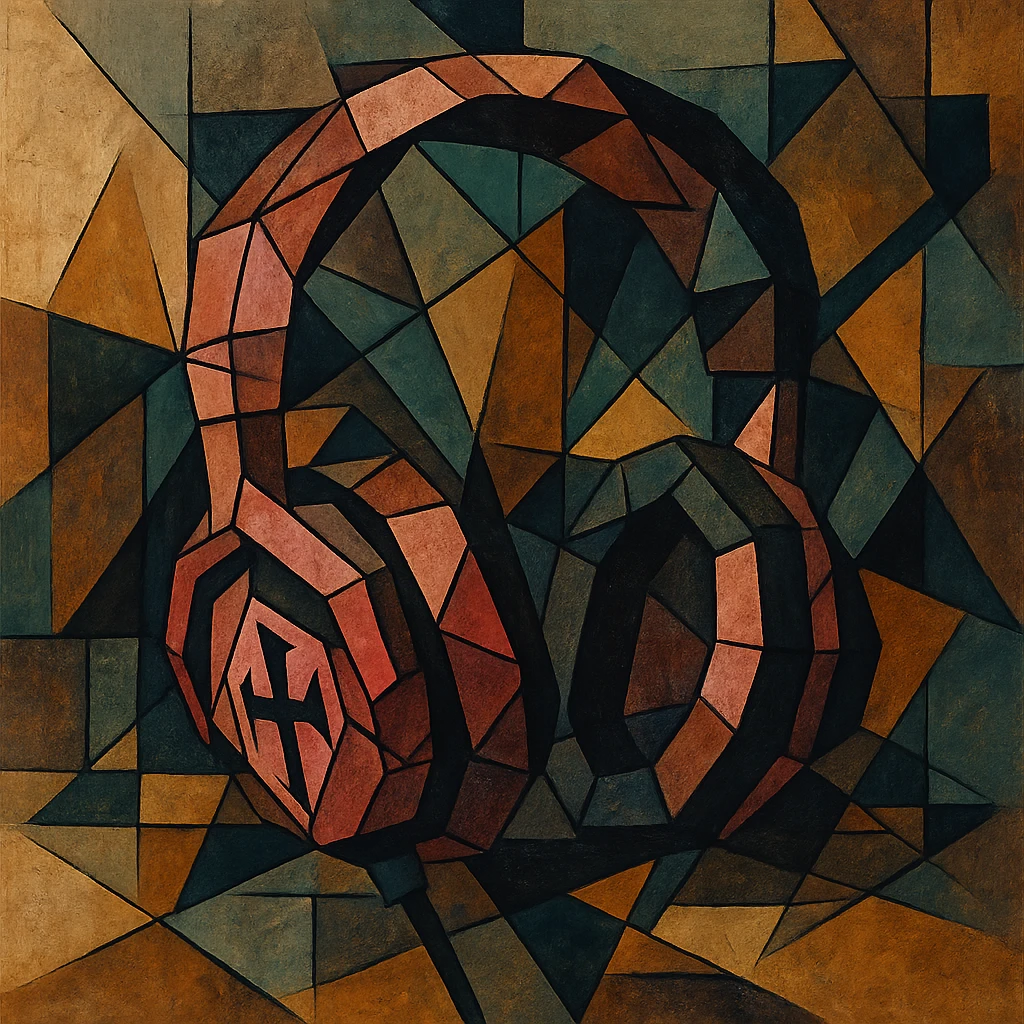 pink gothic headphones with fragmented shapes and dark accents, cubist abstraction style emoji