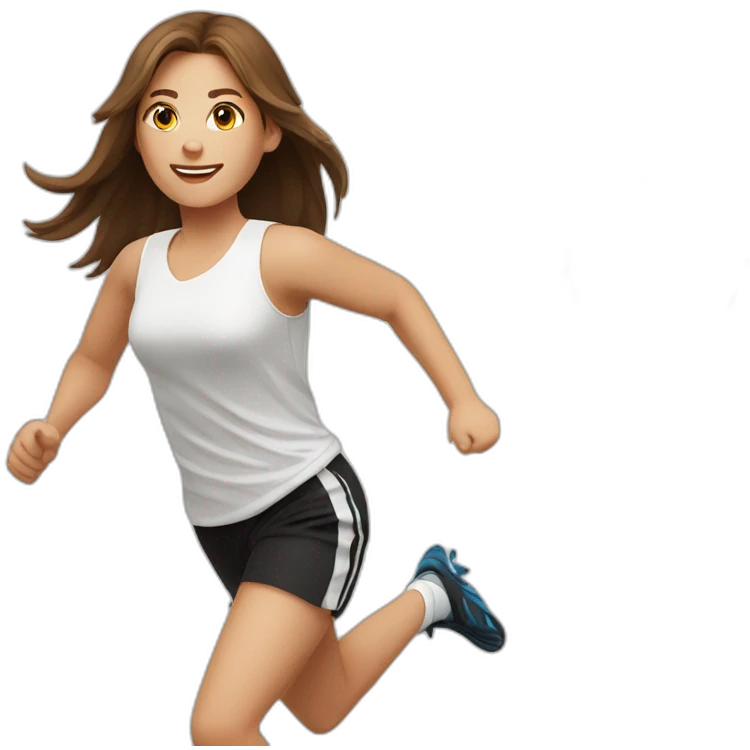 Caucasian girl with brown long hair running with a soccer ball wearing White short and black shorts emoji