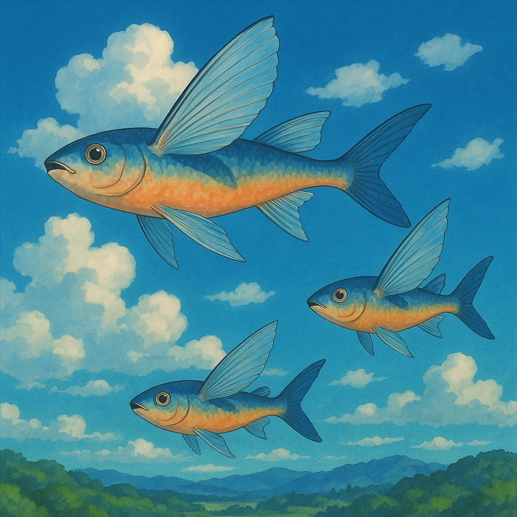 flying fish in the sky in ghibli style, vibrant, dreamy, detailed background emoji