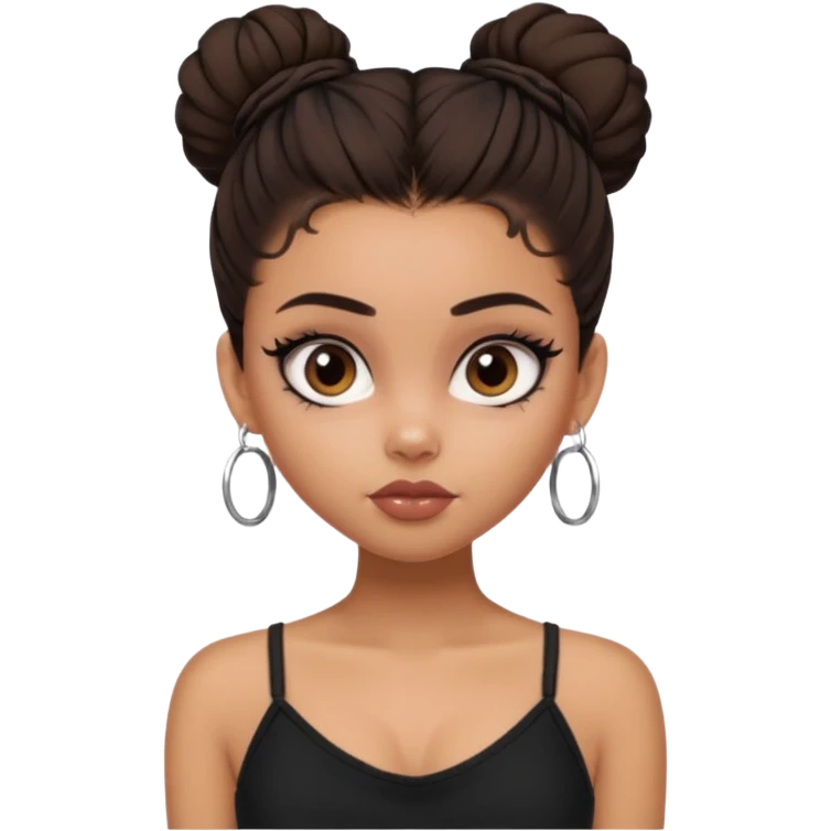 generate a pretty bratz girl in black cami top, dark brown messy bun, eyeliner on. dark brown eyes. NO EARRING emoji