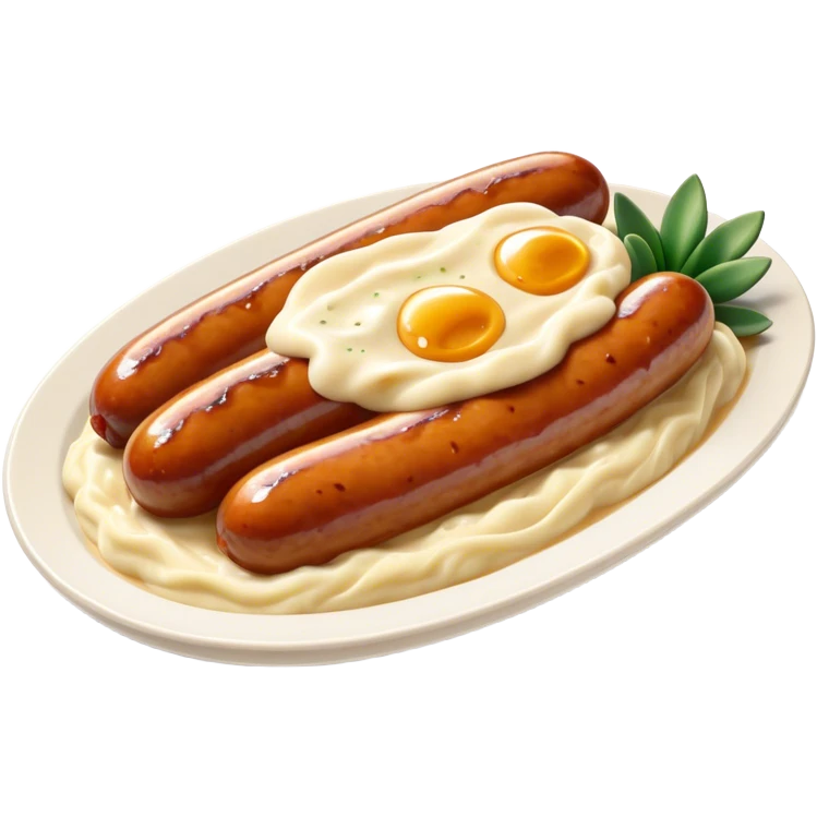 Cinematic Realistic Bangers and Mash Dish Emoji, featuring succulent pork sausages paired with creamy mashed potatoes rendered with detailed textures and natural highlights that emphasize its robust, hearty flavor. emoji