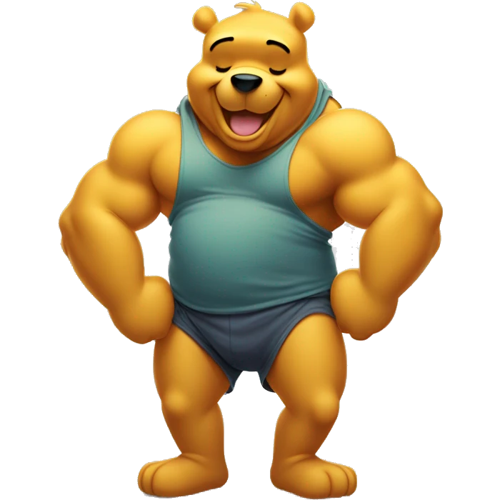 Winnie the pooh flexing big biceps with a big tummy and floppy untied sneakers emoji