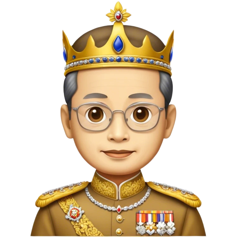 Cinematic Realistic King Bhumibol Adulyadej Portrait Emoji, depicted as a revered Thai monarch with a dignified expression and traditional royal attire, rendered with lifelike textures and soft regal lighting that captures his lasting legacy. emoji