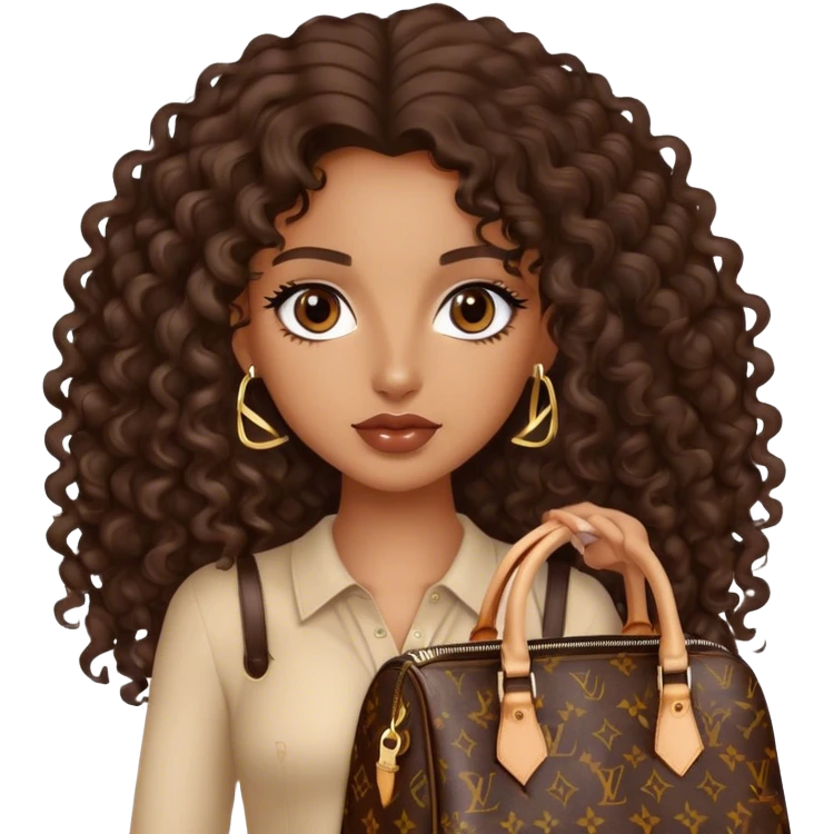 Brown girl with long dark brown long curly hair carrying a Louis Vuitton bag emoji