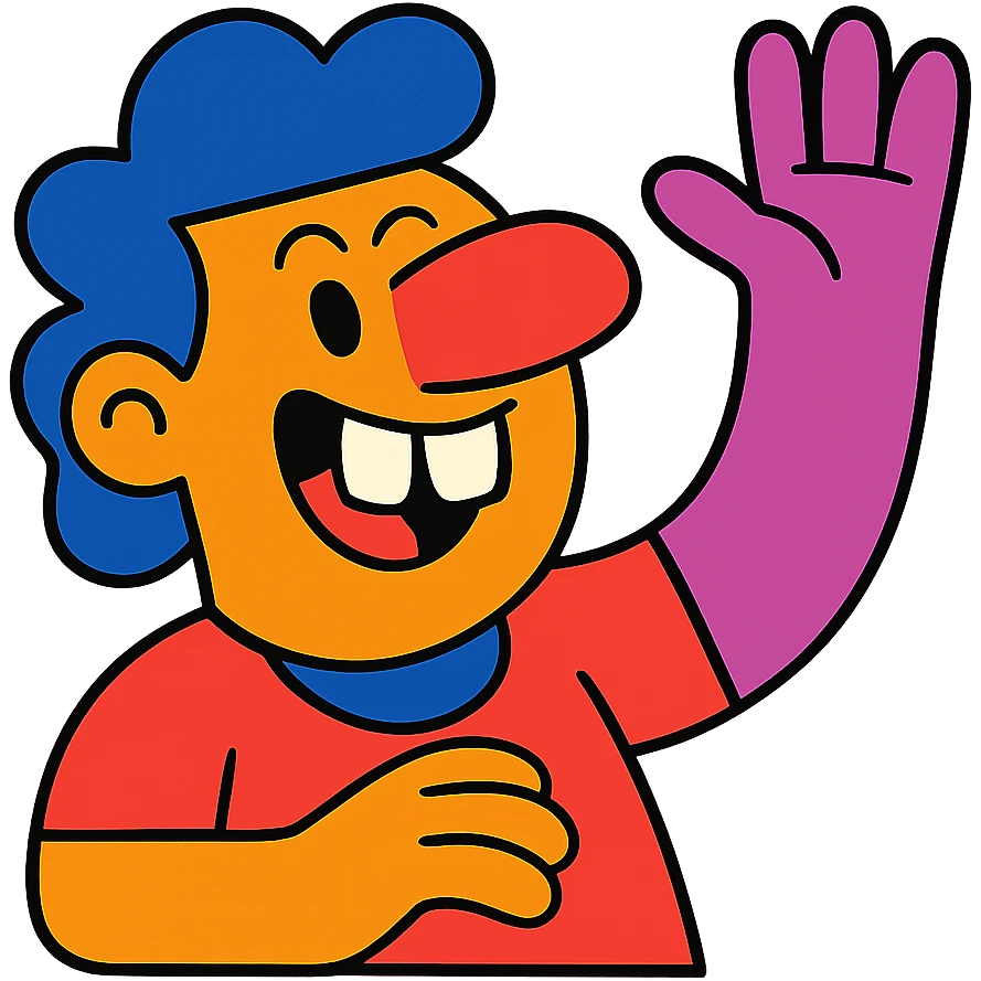 a smiling person with exaggerated nose, buck teeth, and hand raised, playful illustration, vibrant toon, bright and whimsical cartoon character emoji