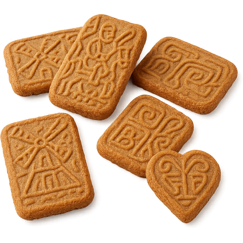 speculoos cookies, classic Belgian spiced shortcrust biscuits, golden brown, crisp texture, with traditional molded patterns, on a white background emoji