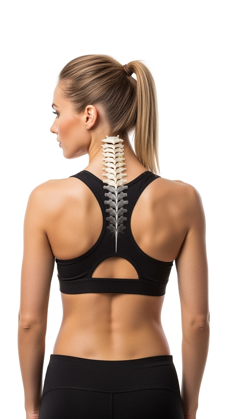 donna fitness di spalle con spina dorsale anatomica in evidenza, sfondo bianco emoji