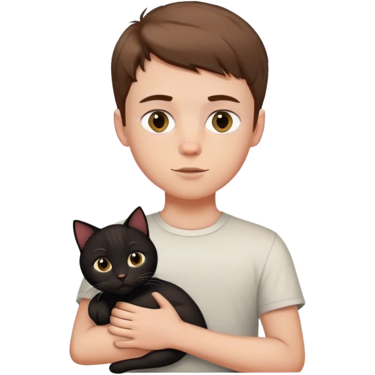 White boy with short brown hair holding a black girl cat emoji