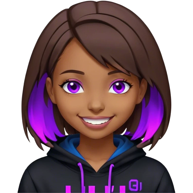brown haired girl with a bob and blue eyes wearing black hoody with violet letters "Lu", laughs. Cyberpunk style. Violet neon. emoji