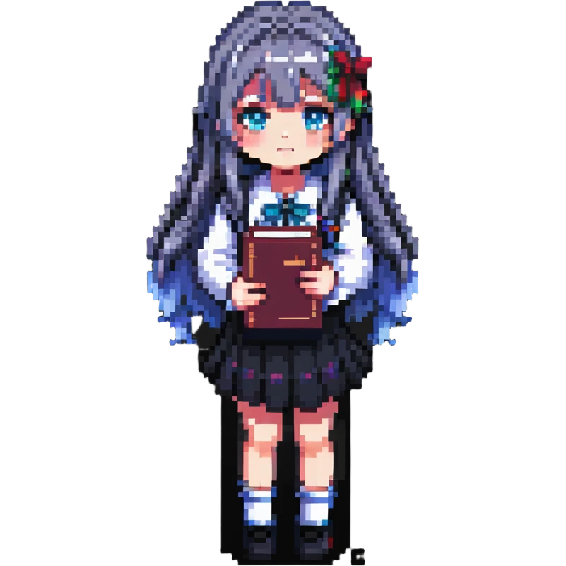 Japanese anime schoolgirl with long hair holding a book in pixel art style emoji