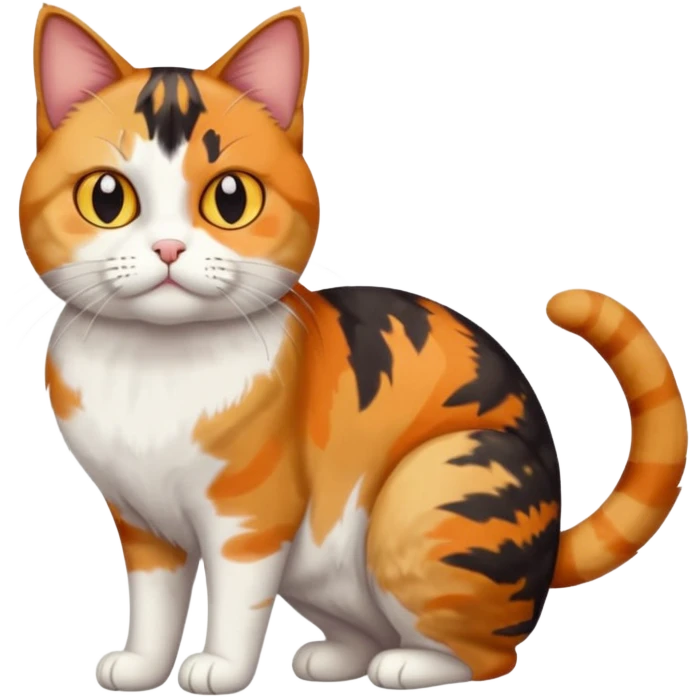 full body colourful calico tabby cat with skinny head and fat body with an anxious face emoji