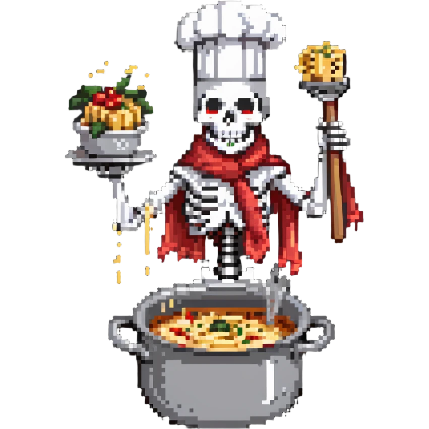 Papyrus from Undertale cooking spaghetti, tall skeleton with red scarf and white armor, enthusiastically stirring pasta in a pot, chef hat emoji