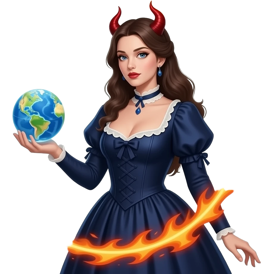 a seductive demonically beautiful woman in a long dark blue Victorian dress with a deep neckline holds a radiant globe in her hand and passes through a ring of fire emoji