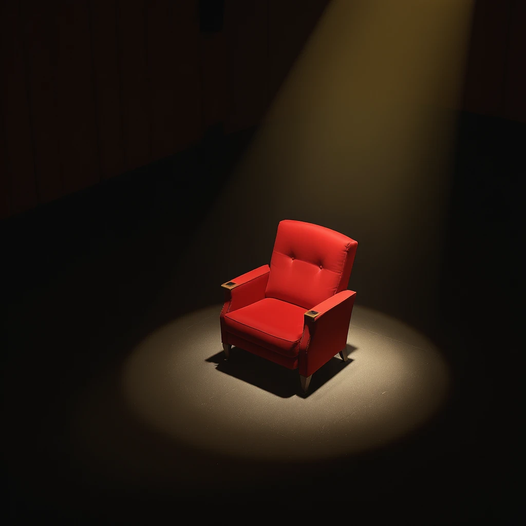 vintage movie theater with beige armchairs and just one red one, in the spotlight. A light focuses on this red armchair, making the entire area around it a little darker. The angle is isometric. Wes Anderson Style. emoji