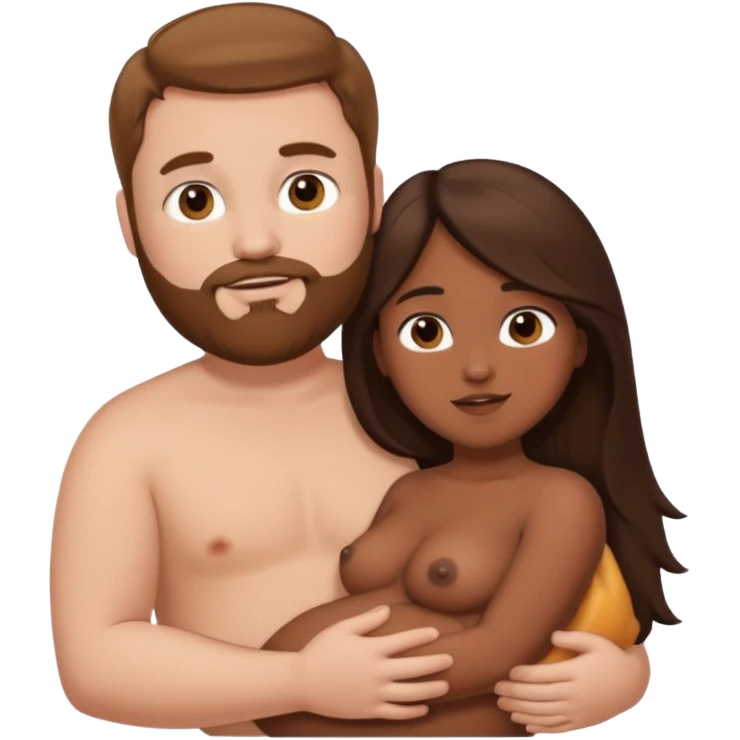 chubby white guy with brown hair and beard, holding a brown girl with long dark hair in arms, naked, showing tits and pussy emoji