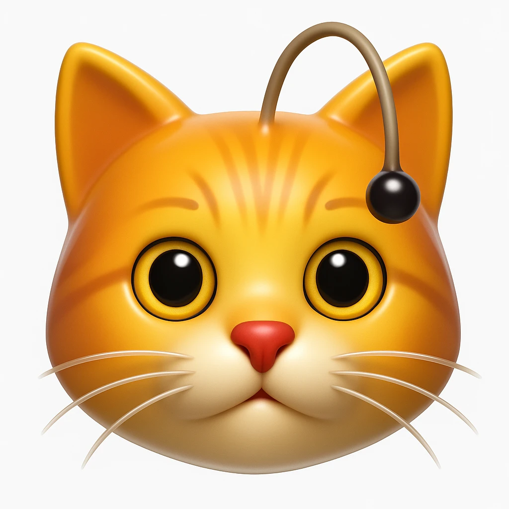 Make a cat face emoji that looks exactly like the reference image, in iOS emoji style. 3D, shiny, smooth gradients, soft shadows, realistic cat face, classic emoji look. Add a glossy effect to the fur. emoji